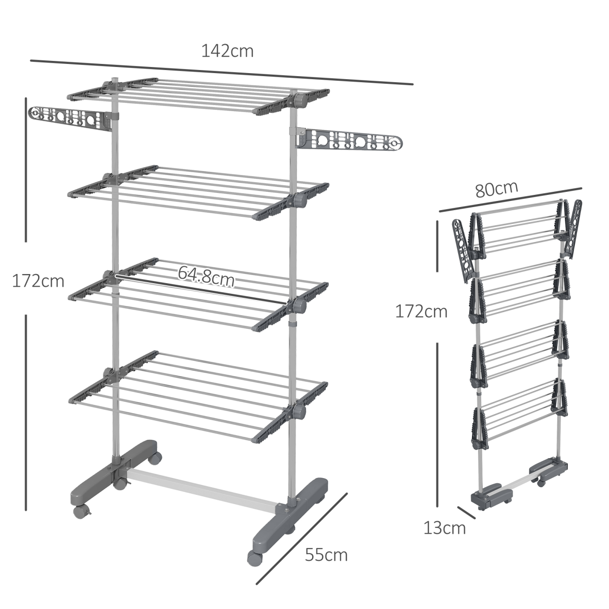 HOMCOM 4-Tier Large Clothes Airer Stainless Steel Clothes Drying Rack Grey