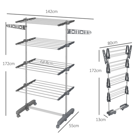 HOMCOM 4-Tier Large Clothes Airer Stainless Steel Clothes Drying Rack Grey
