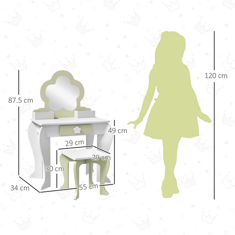 ZONEKIZ Kids Vanity Table Set, Beauty Flower Design, for Ages 3-6 Years - White