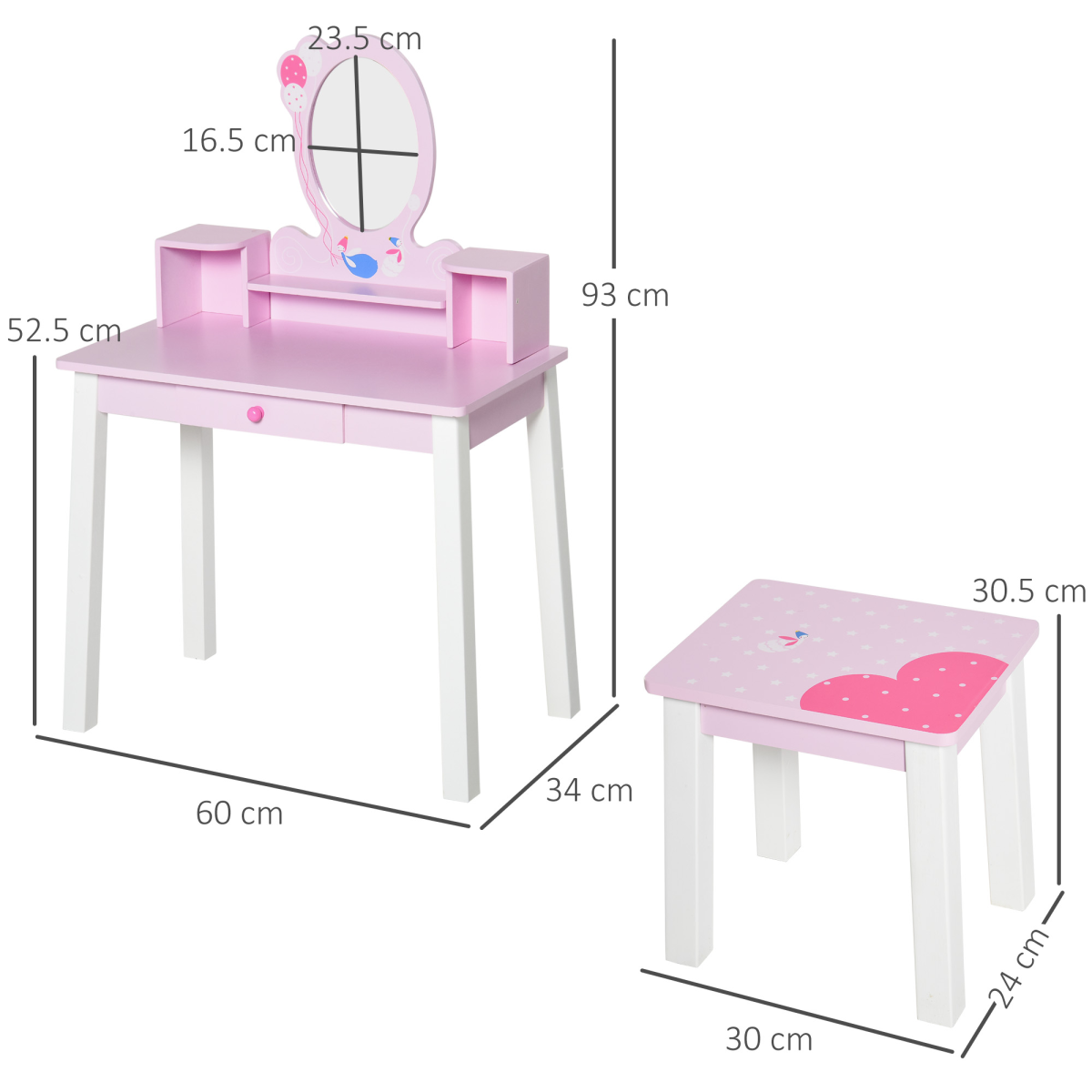 Kids Dressing Table and Stool Set Make Up Desk with Storage (Pink) HOMCOM