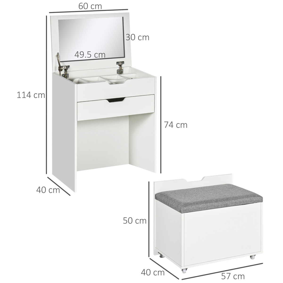 Dressing Table Set w/ Flip-up Mirror & Stool, Drawer and Compartments, White