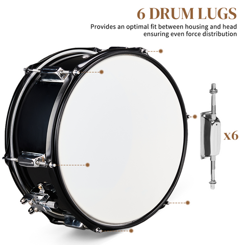 12 x 5.5 inches Professional Marching Snare Drum & Drum Stick & Strap & Wrench Kit Black