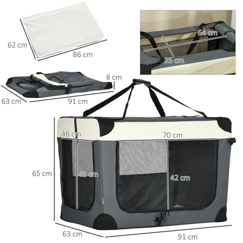 91cm Foldable Pet Carrier w/ Cushion, for Large Dogs and Cats - Grey Pawhut