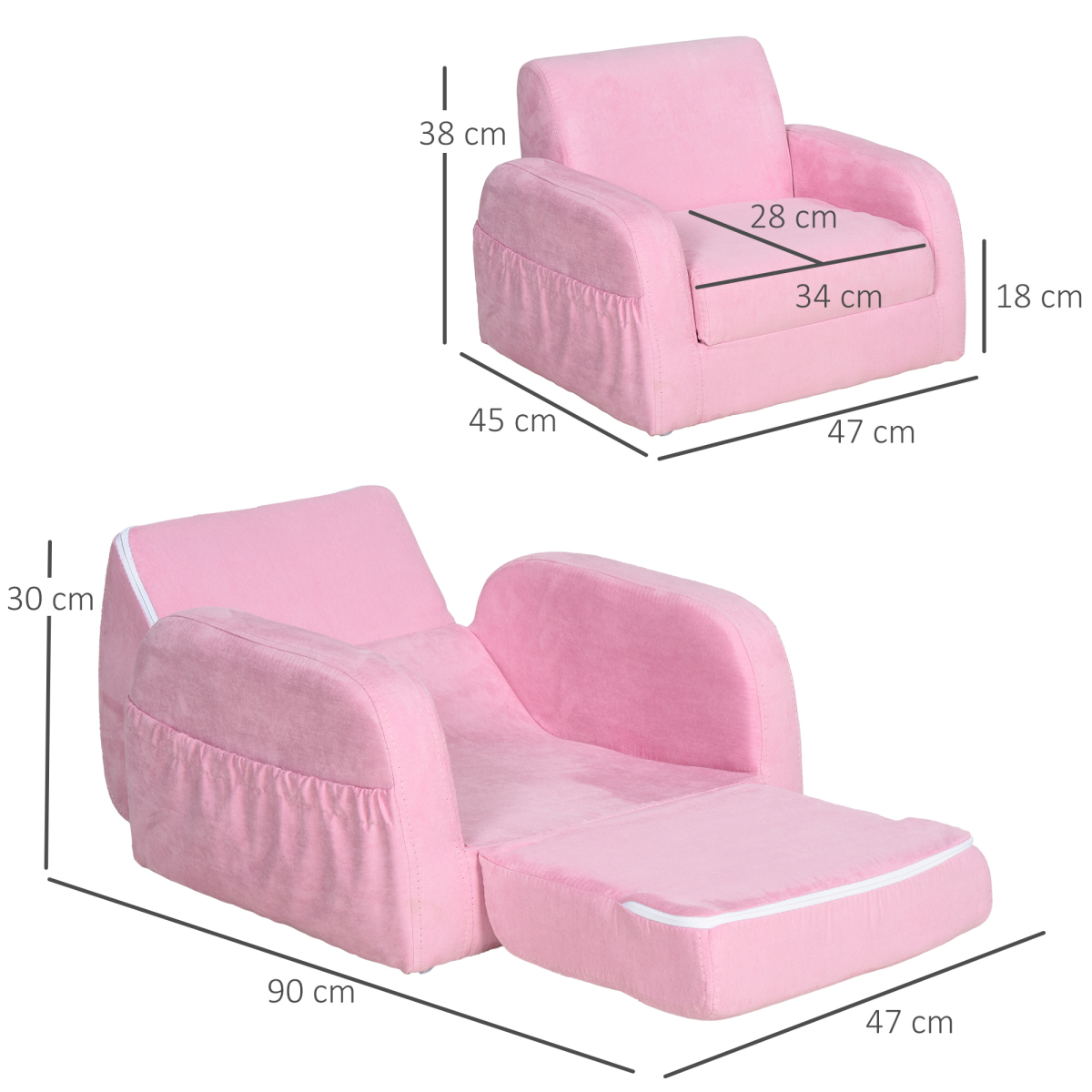 HOMCOM 2 In 1 Kids Armchair Sofa Bed Fold Out Padded Wood Frame Bedroom Pink