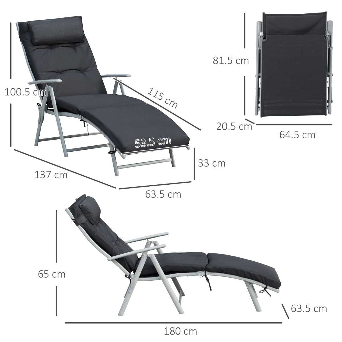 Steel Frame Outdoor Garden Padded Sun Lounger w/ Pillow Black