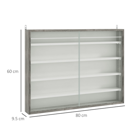 HOMCOM 5-Tier Wall Display Shelf Unit Cabinet w/ Shelves Glass Doors Grey Wood