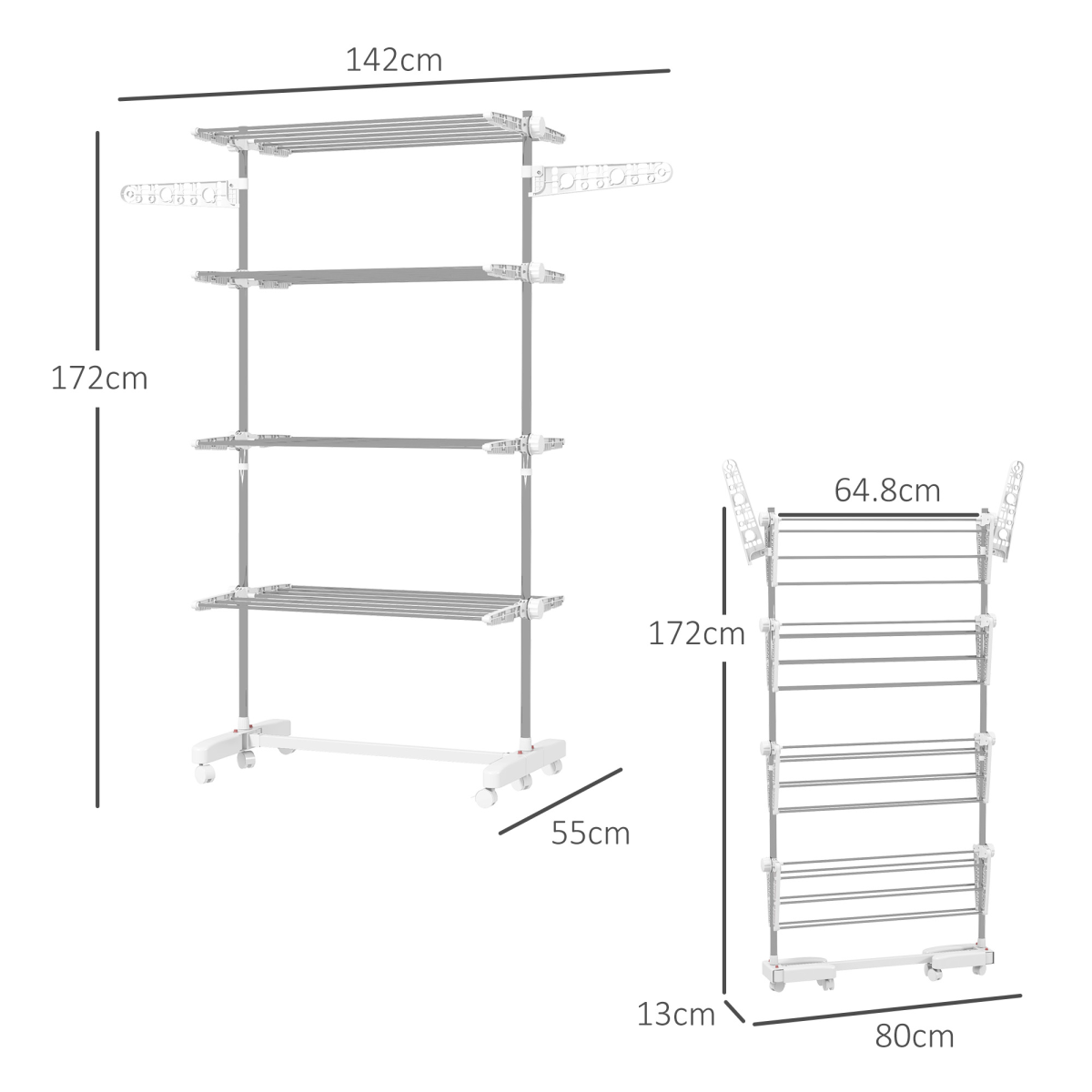 4 Layers Folding Cloth Hanger Stand Rail W/Wheels-White/Silver