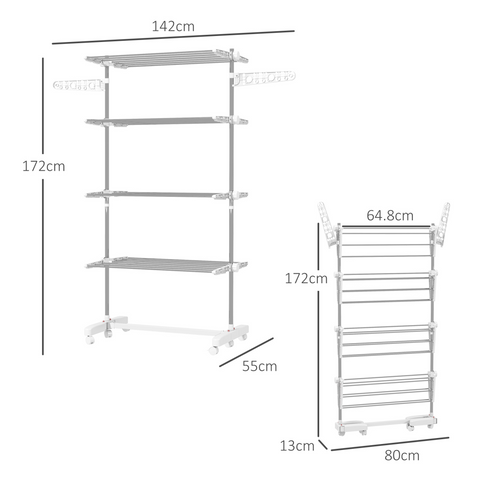 4 Layers Folding Cloth Hanger Stand Rail W/Wheels-White/Silver