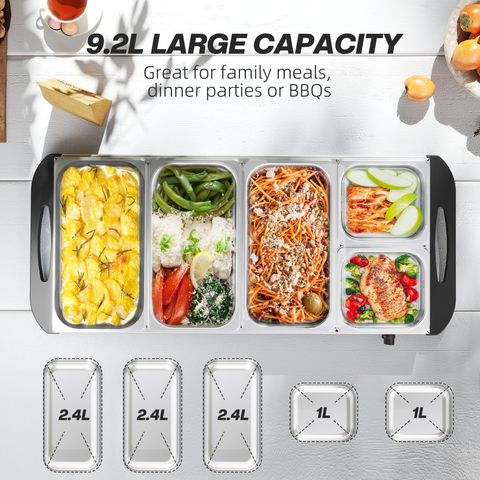 HOMCOM Electric Food Warmer 5 Tray, 9.2L Buffet Server with Lids, Silver