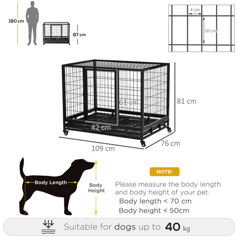 Metal Kennel Cage with Wheels and Crate Tray for Pet Dog Large Black Pawhut