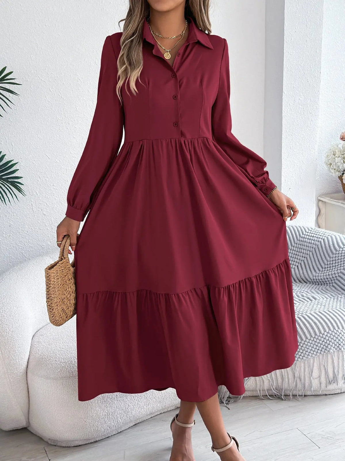 Lapel Casual Loose Long Sleeve Ruffled Shirt Dress