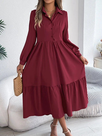 Lapel Casual Loose Long Sleeve Ruffled Shirt Dress