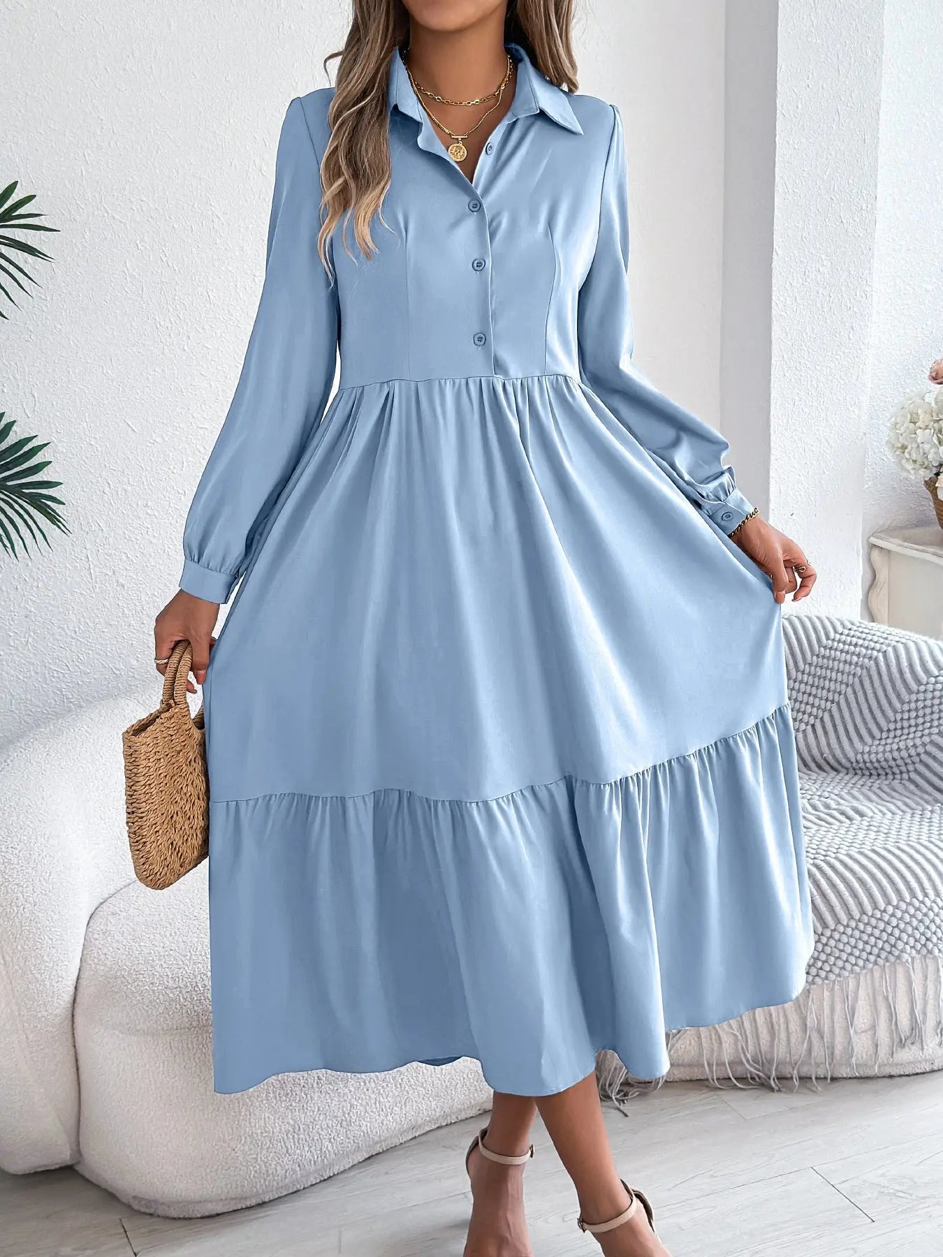 Lapel Casual Loose Long Sleeve Ruffled Shirt Dress