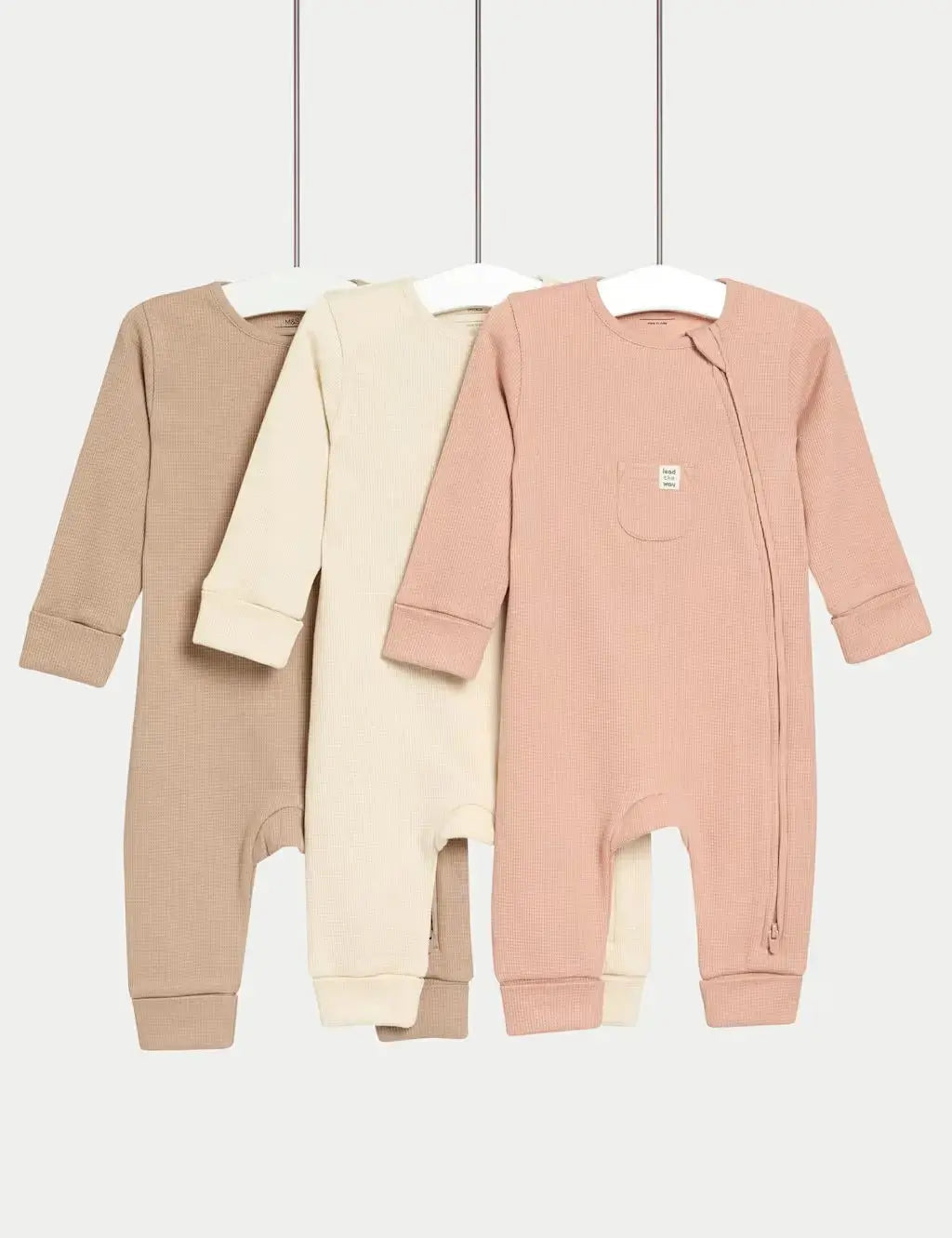 3pk Pure Cotton Waffle Zip Sleepsuits (6½lbs-3 Yrs)