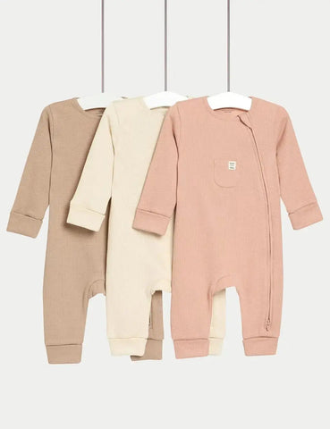3pk Pure Cotton Waffle Zip Sleepsuits (6½lbs-3 Yrs)