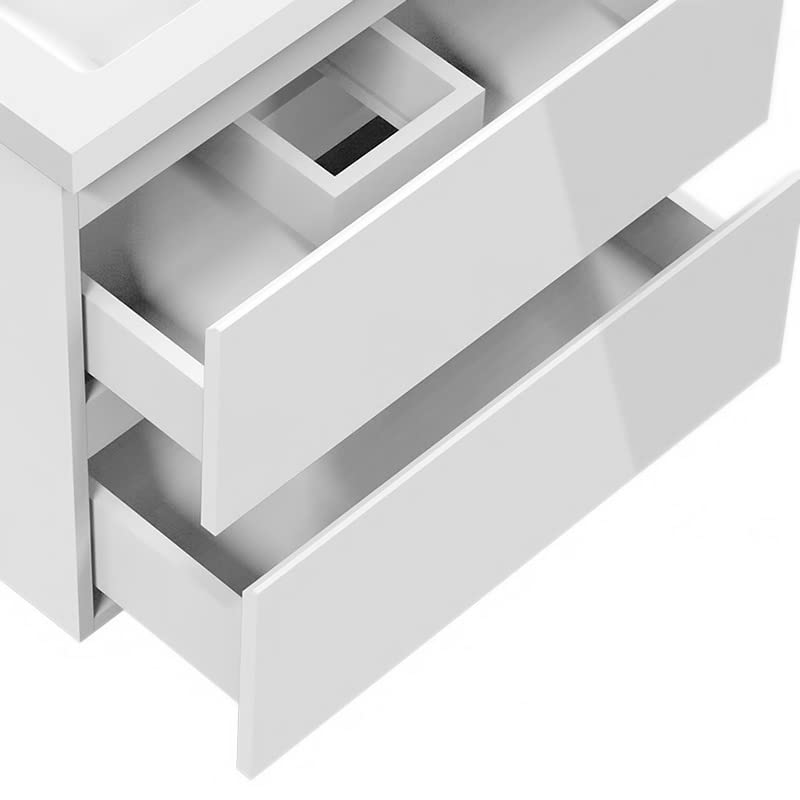 Biubiubath 600mm Bathroom Sink Unit with Basin Gloss White 2 Soft Close Drawers Wall Mounted Bathroom Suite with Vanity Unit Modern Handless Design