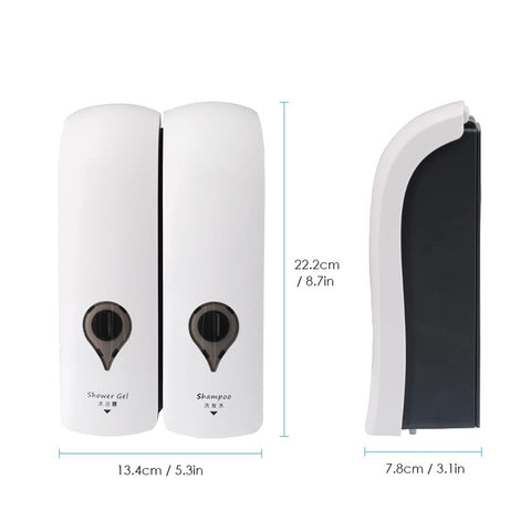 Decdeal Soap Dispenser, 300ml*2 Wall Mounted Shower Gel Dispenser NO Drilling Double-Head Manual Bathroom Shower Gel Liquid Shampoo Dispenser Holder
