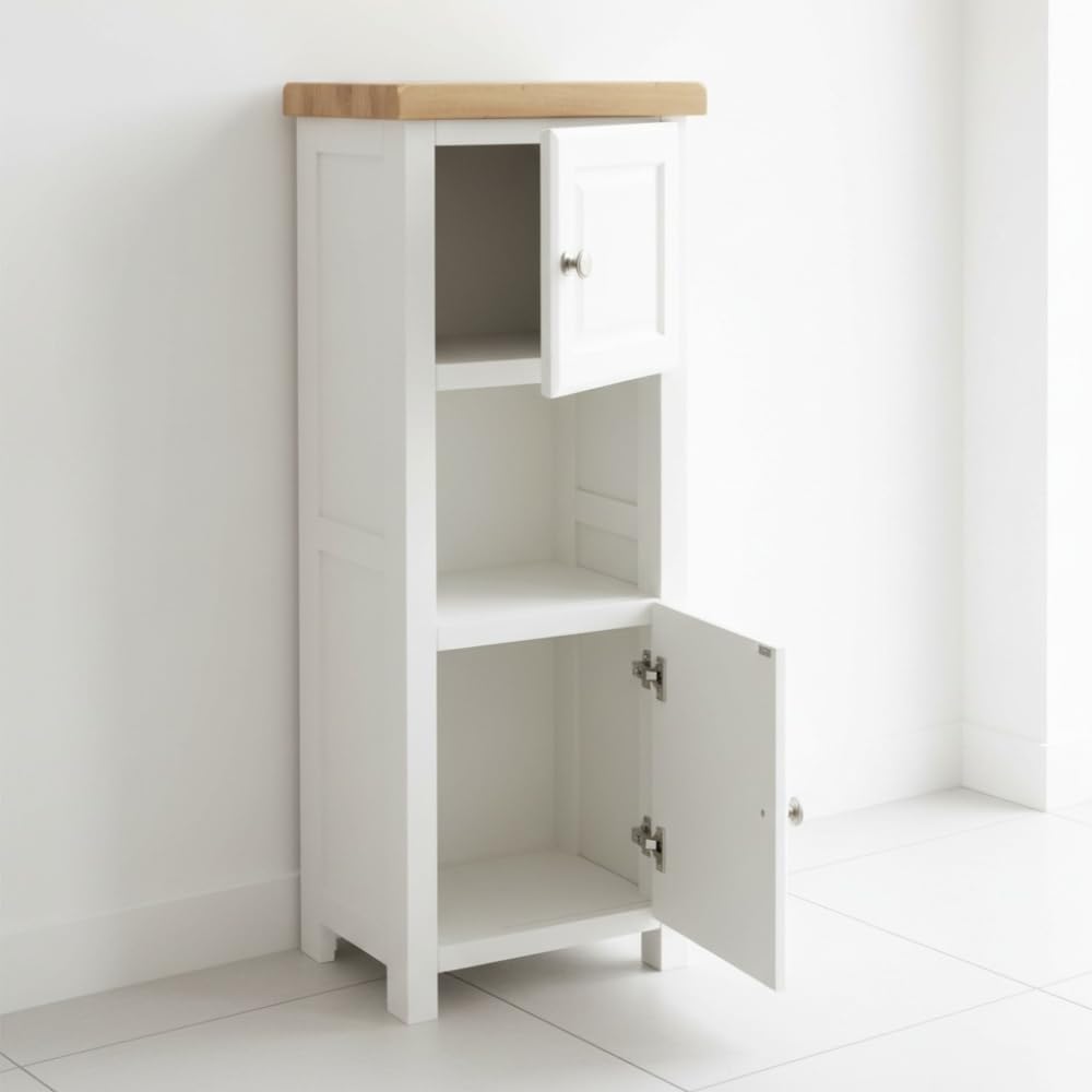 ALL WHITE Slim Cabinet Bathroom Storage, Painted White Cabinet with Natural Wood Top, Double Door, Ready Assembled (White 2)