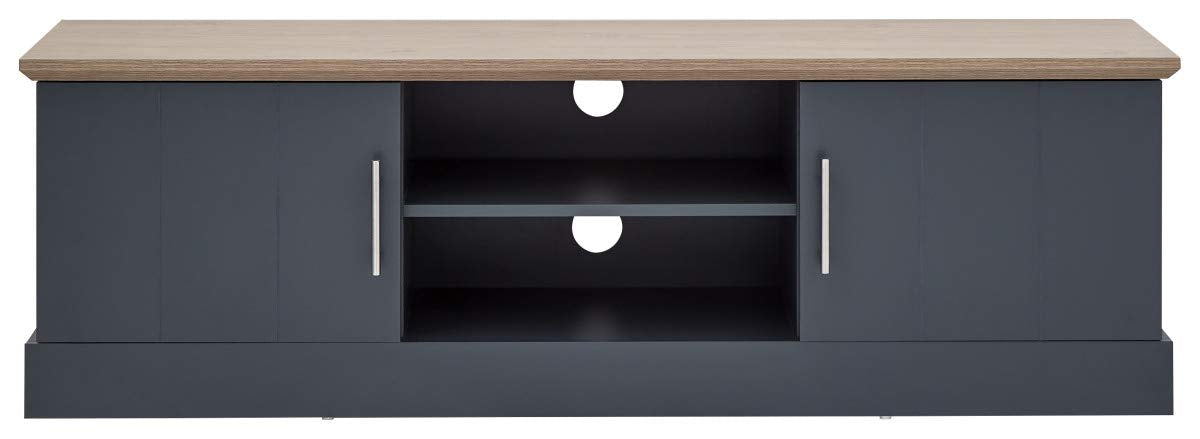 GFW Kendal Large TV Cabinet, Slate Blue and Oak Effect TV Unit with 2 Doors and Open Shelving, Country Style Media Storage Furniture