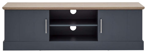 GFW Kendal Large TV Cabinet, Slate Blue and Oak Effect TV Unit with 2 Doors and Open Shelving, Country Style Media Storage Furniture
