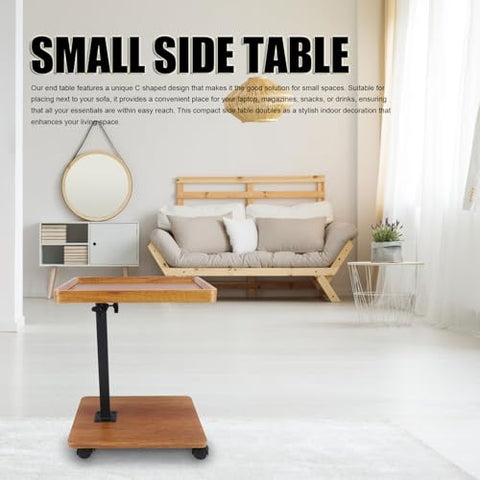 lyrlody C Shaped Side Table, Height Adjustable Overbed Table Wood Density Board Coffee Table Bed Table with 360° Swivel Wheels for Home Bedroom