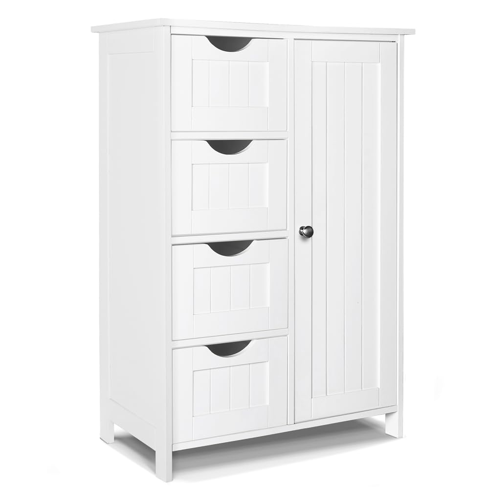 VOUNOT® Bathroom Floor Storage Cabinet, Freestanding Storage Unit with Adjustable Shelf, 4 Drawers & Door, for Bedroom, Kitchen, Living Room