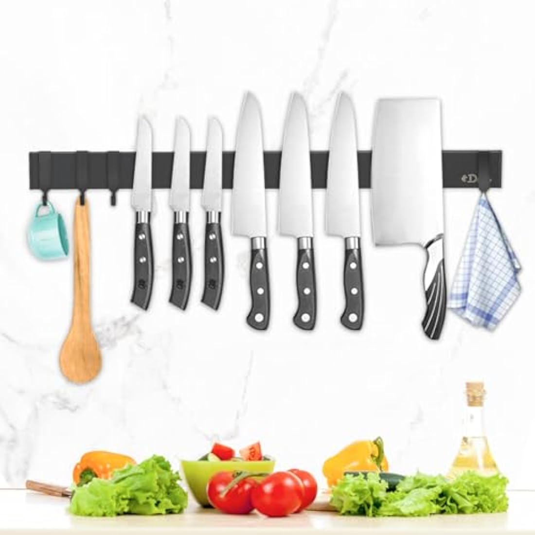 Dmore 50 cm Magnetic Strip Knife Holder with 4 Hooks, Black, No Drilling, Includes Adhesive Tape and Screws for Knives, Utensils and Tools
