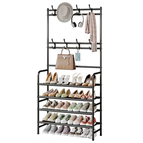 Dazioter Coat Rack Shoe Rack With Storage Shelf Freestanding with 8 Hooks for Entryway Bedroom (Brown, 4Tier)