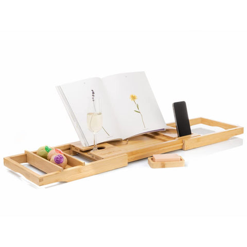 TranquilBeauty Sustainable Natural Bamboo Bath Board with Secure Slot Mechanism for iPad, Tablet and Phone