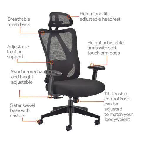 Office Hippo Ergonomic Mesh Office Desk Chair, Adjustable Arms, Swivel Chair with 2D Adjustable Lumbar Support, Headrest & Tension Control