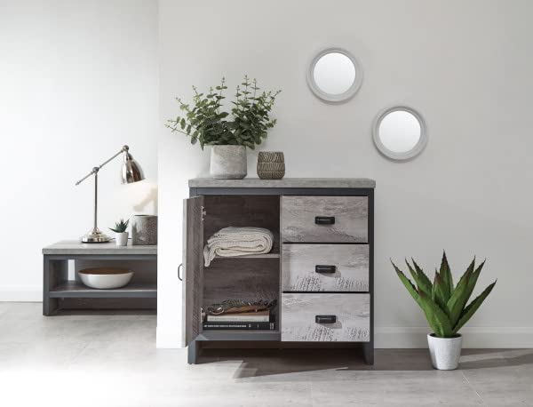 GFW Boston Grey Wood Effect 1 Door 3 Drawer Multi Storage Unit Cabinet