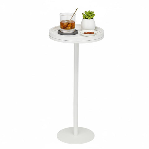 ZEXVIDA White Martini Table, Modern Small Round Side Table, Minimalist Metal & Wood Pedestal End Table with Weighted Base