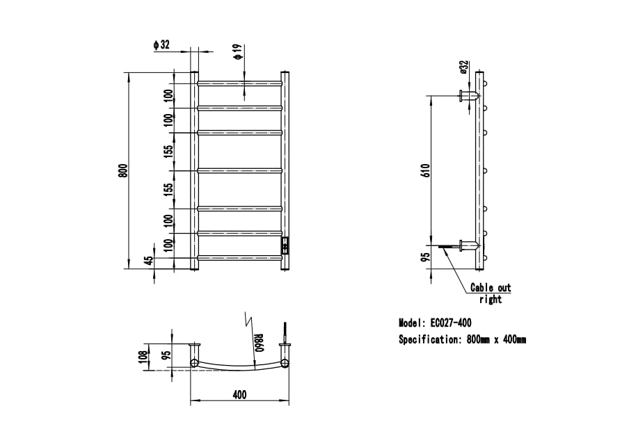 Manissa Kendal Stainless Steel Electric Heated Towel Rail 400mm W x 800mm H
