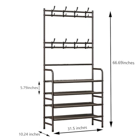 Dazioter Coat Rack Shoe Rack With Storage Shelf Freestanding with 8 Hooks for Entryway Bedroom (Brown, 4Tier)