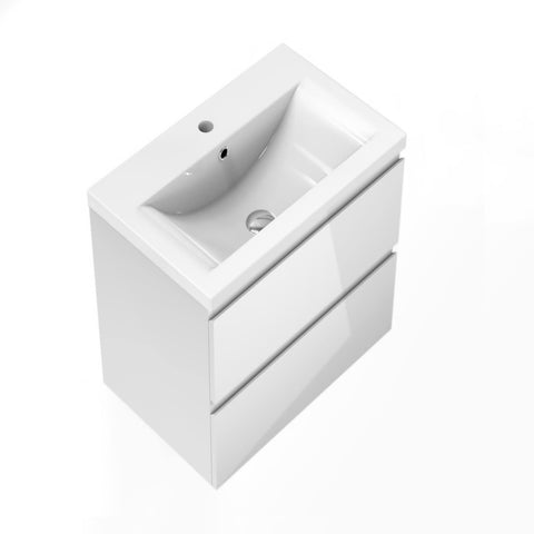Biubiubath 600mm Bathroom Sink Unit with Basin Gloss White 2 Soft Close Drawers Wall Mounted Bathroom Suite with Vanity Unit Modern Handless Design