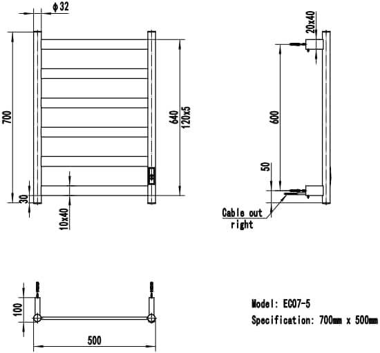 Manissa FALA Stainless Steel Electric Heated Towel Rail 500mm W x 720mm H