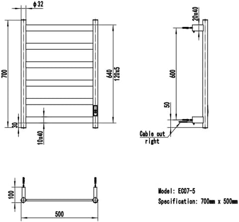 Manissa FALA Stainless Steel Electric Heated Towel Rail 500mm W x 720mm H