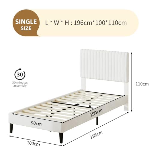 HOMBCK Single Bed Frame, 90 x 190 cm, Upholstered Bed with Velvet Headboard, Adjustable Height, Wooden Slat Support, No Box Spring Needed, White
