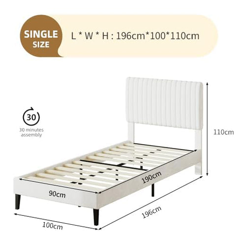 HOMBCK Single Bed Frame, 90 x 190 cm, Upholstered Bed with Velvet Headboard, Adjustable Height, Wooden Slat Support, No Box Spring Needed, White