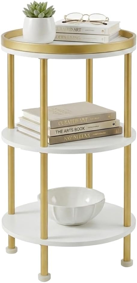 Small Round Side Table, Gold Round End Table with White Shelves, 3-Tier Modern Nightstand for Bedroom & Living Room