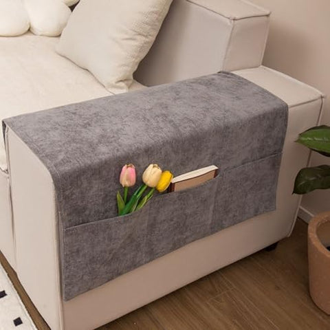 JIAHG Luxurious Chenille Sofa Armrest Organizer with 3 Side Pockets Universal Couch Armchair Caddy Storage Bag Armrest Cover Tidy Table Space Saver