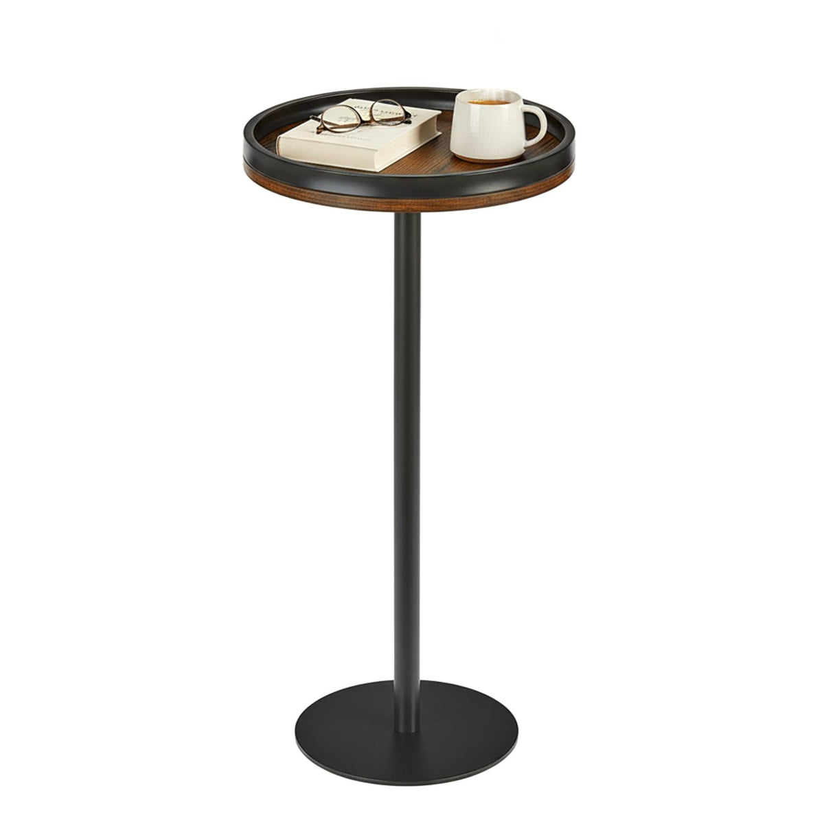 ZEXVIDA Small Round Side Table,Drink Table with Weighted Base,Industrial Metal & Wood Pedestal End Table with Tray Top
