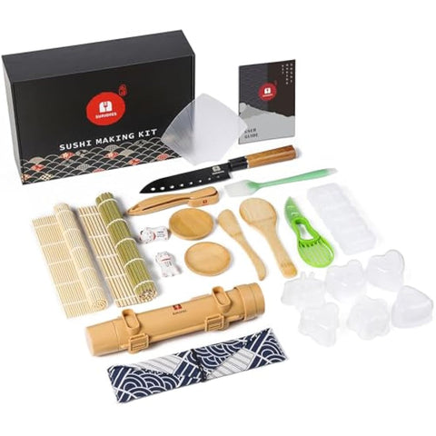 SUPJOYES Sushi Making Kit - 27 in 1 Complete Maker for Beginners, With Bamboo Rolling Mat, Bazooka, Knife, Chopsticks, Nigiri/Onigiri/Gunkan Molds, Guide Book & More