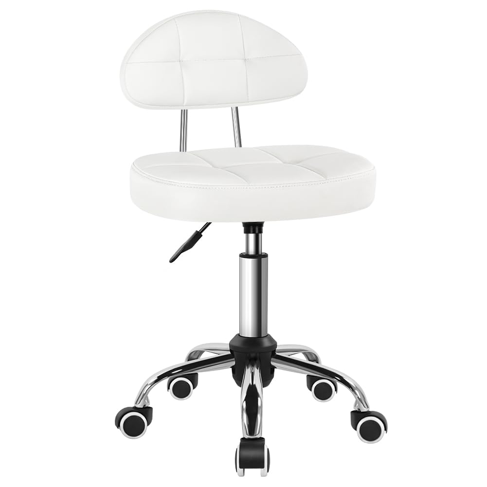 BFTOU Square Swivel Stool on Wheels Perfect for Work SPA Shop Massage Height-Adjustable and Cost-Effective Rolling Stool Chair with Back White (WHITE)