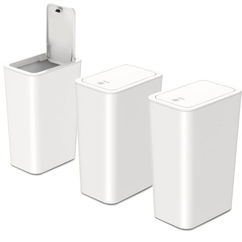 3pcs 9L Touch Top Bathroom Bin - Slim Plastic Trash Can with Lid for Bedroom, Kitchen, Office, Living Room and Toilet - Dog-Proof Narrow Design