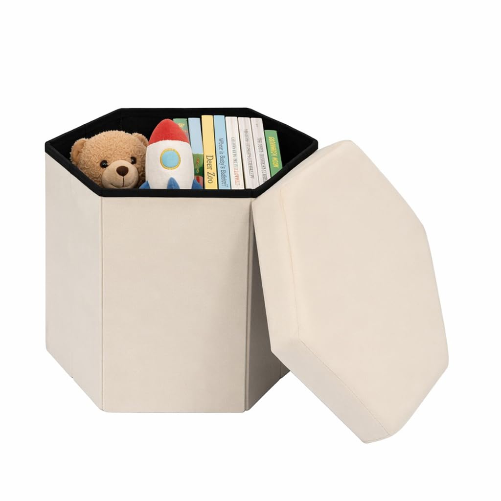 Bonlife Folding Storage Ottoman Hexagonal, Footrest with Toy Ches Box, 43cm