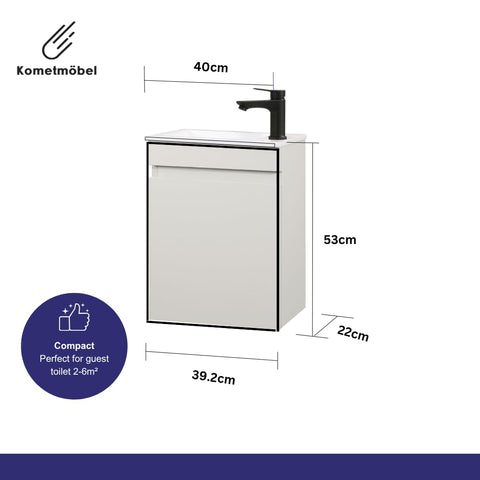 Kometmöbel Cloakroom Vanity Unit With Wash Basin Bathroom Vanity 40cm Wall Hung (Cashmere 40cm, Without Tap)