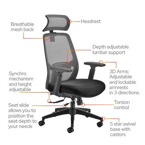 Office Hippo Ergonomic Mesh Office Desk Chair, Desk Chair, Adjustable Ergonomic Swivel Chair with Headrest, Lumbar Support, 3D Arms & Tension Control