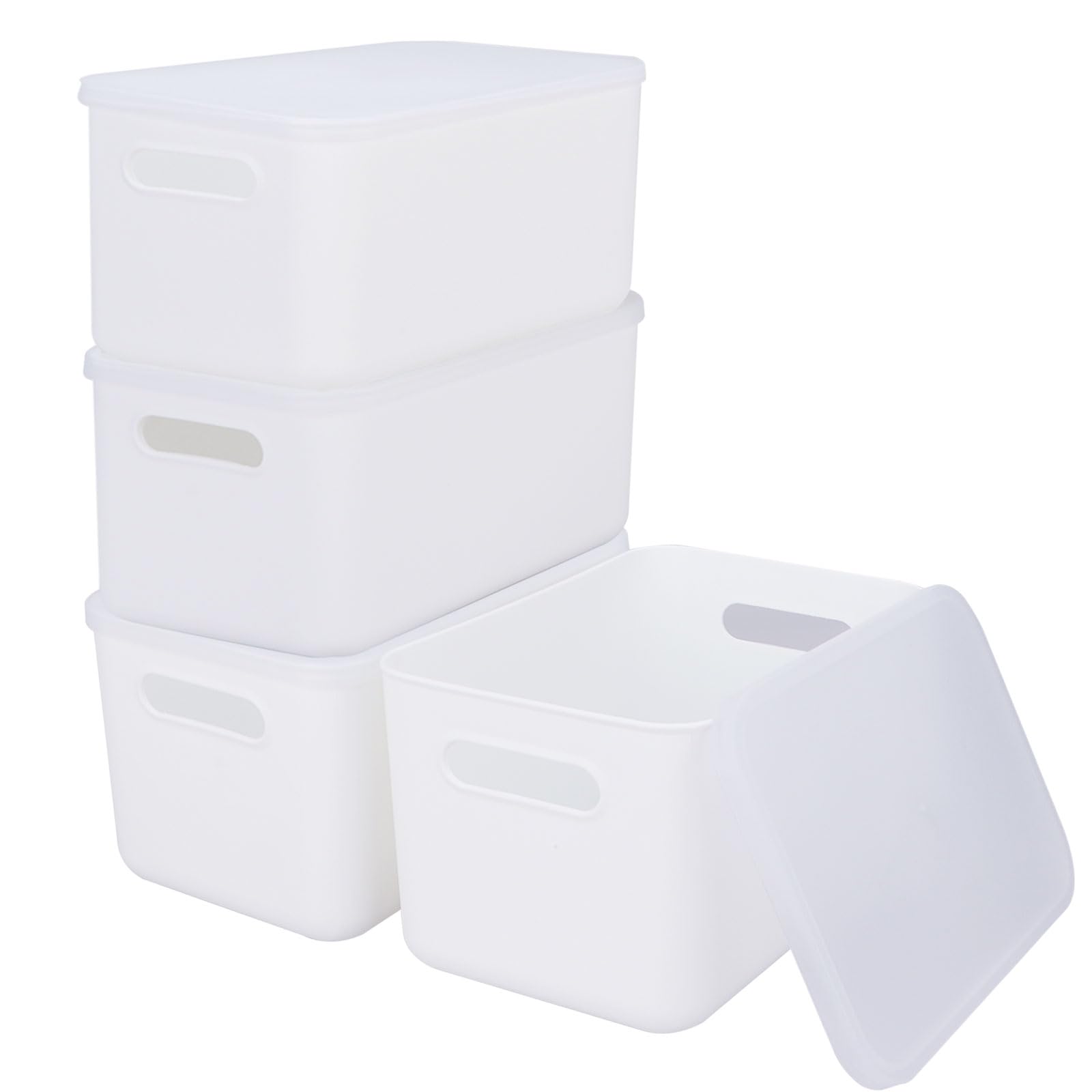 WOPPLXY 4PCS White Storage Boxes with Lid - 6.5L Stackable, Durable Boxes - White Plastic Storage Box with Lid for Desktop, Bathroom, Kitchen