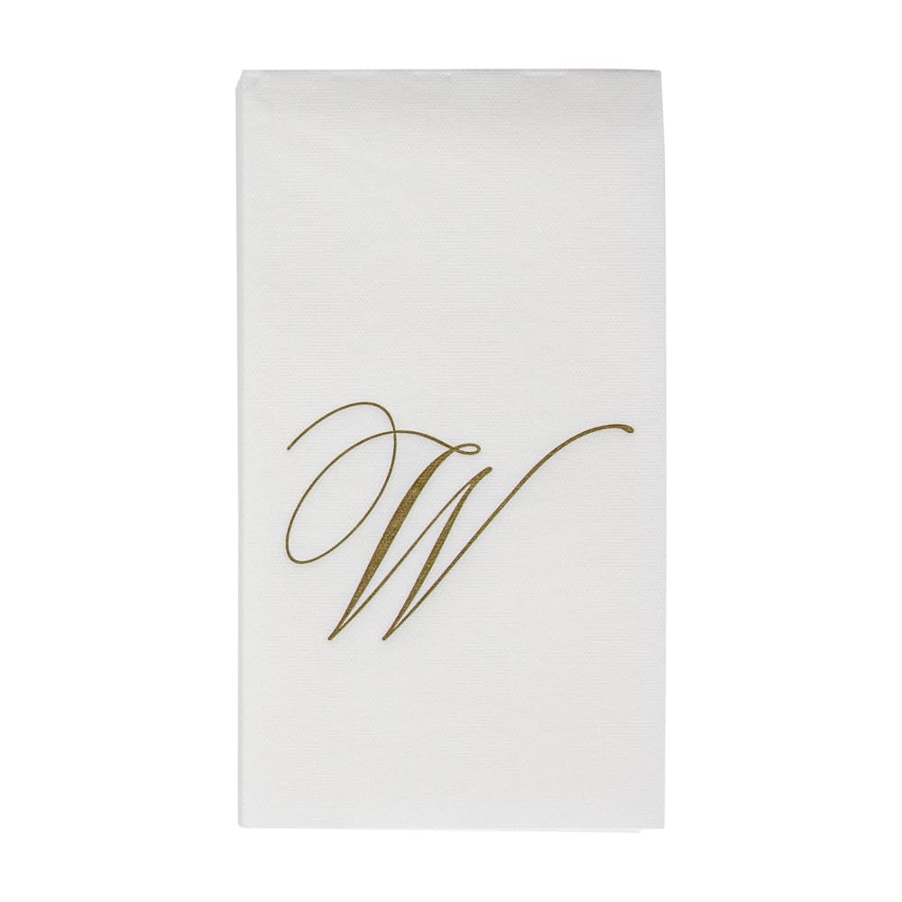 Caspari Signature Gold Initial W Paper Linen Guest Towels, White Pearl, Pack of 24